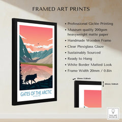 Framed Gates of the Arctic National Park print with wolf silhouette, mountain landscape, and product details.