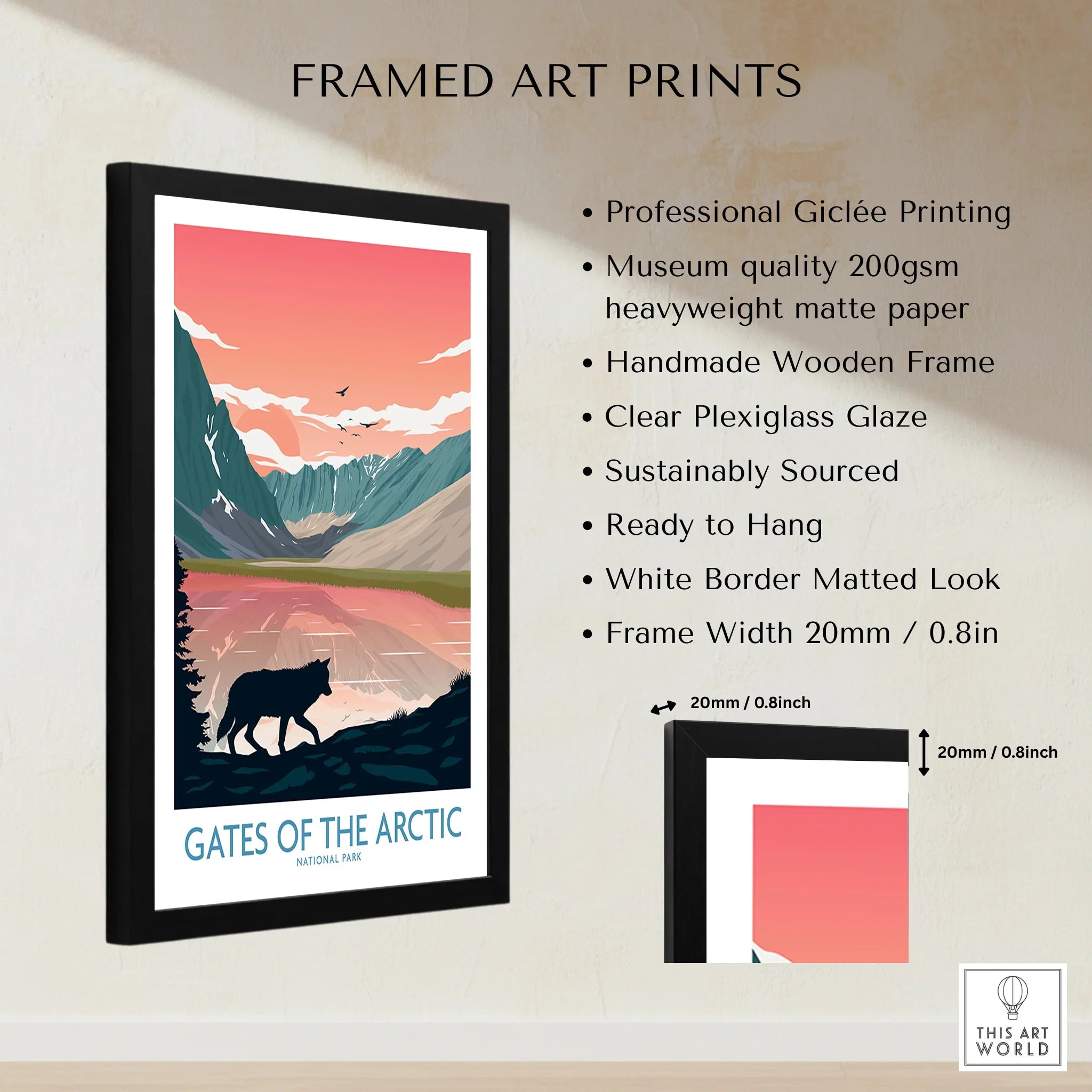 Framed Gates of the Arctic National Park print with wolf silhouette, mountain landscape, and product details.
