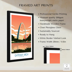 Framed Gateway Arch National Park art print with matte paper, wooden frame, and wall decor details