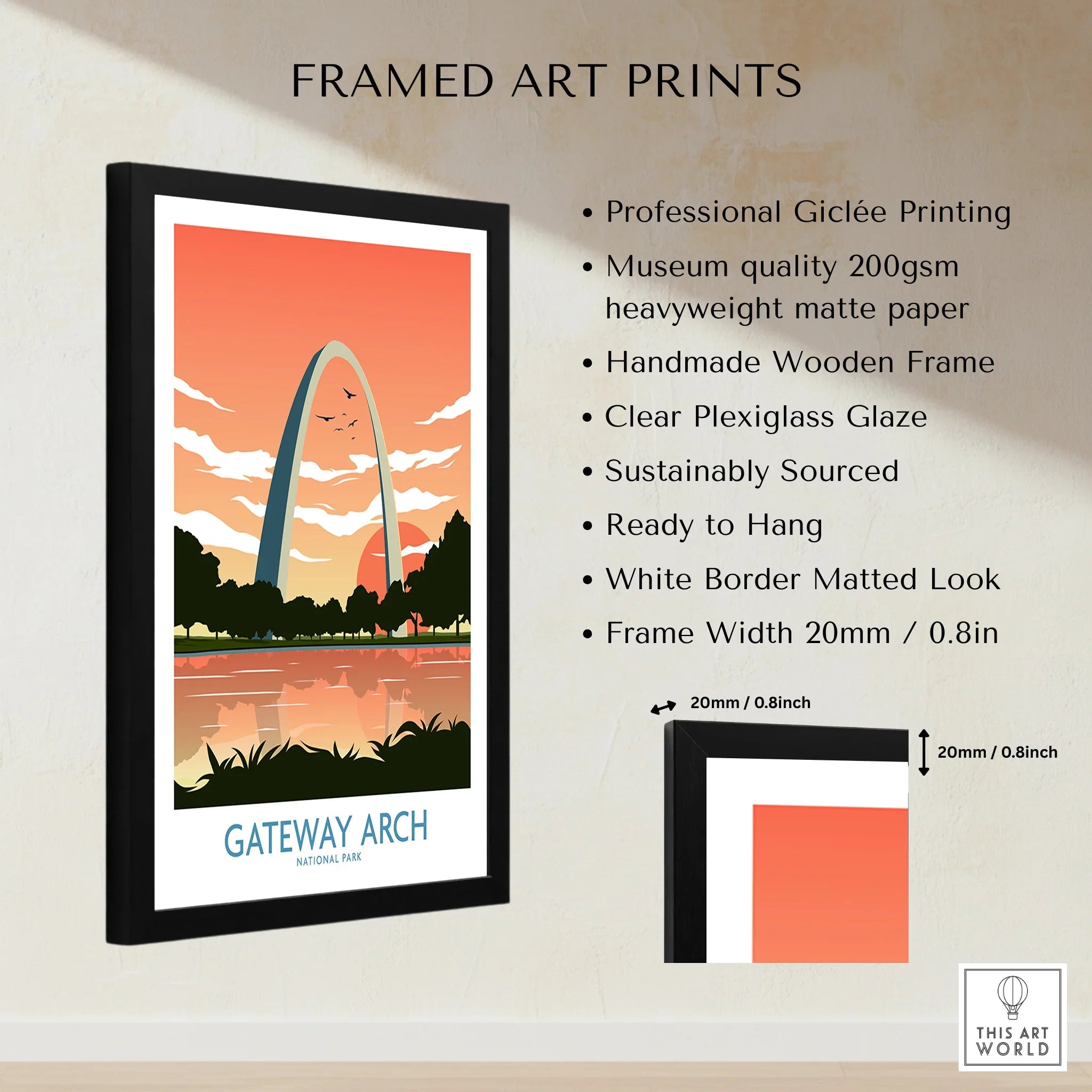 Framed Gateway Arch National Park art print with matte paper, wooden frame, and wall decor details