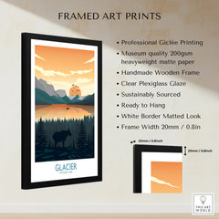 Framed Glacier National Park print with moose, mountains, lake, and sunset art details.