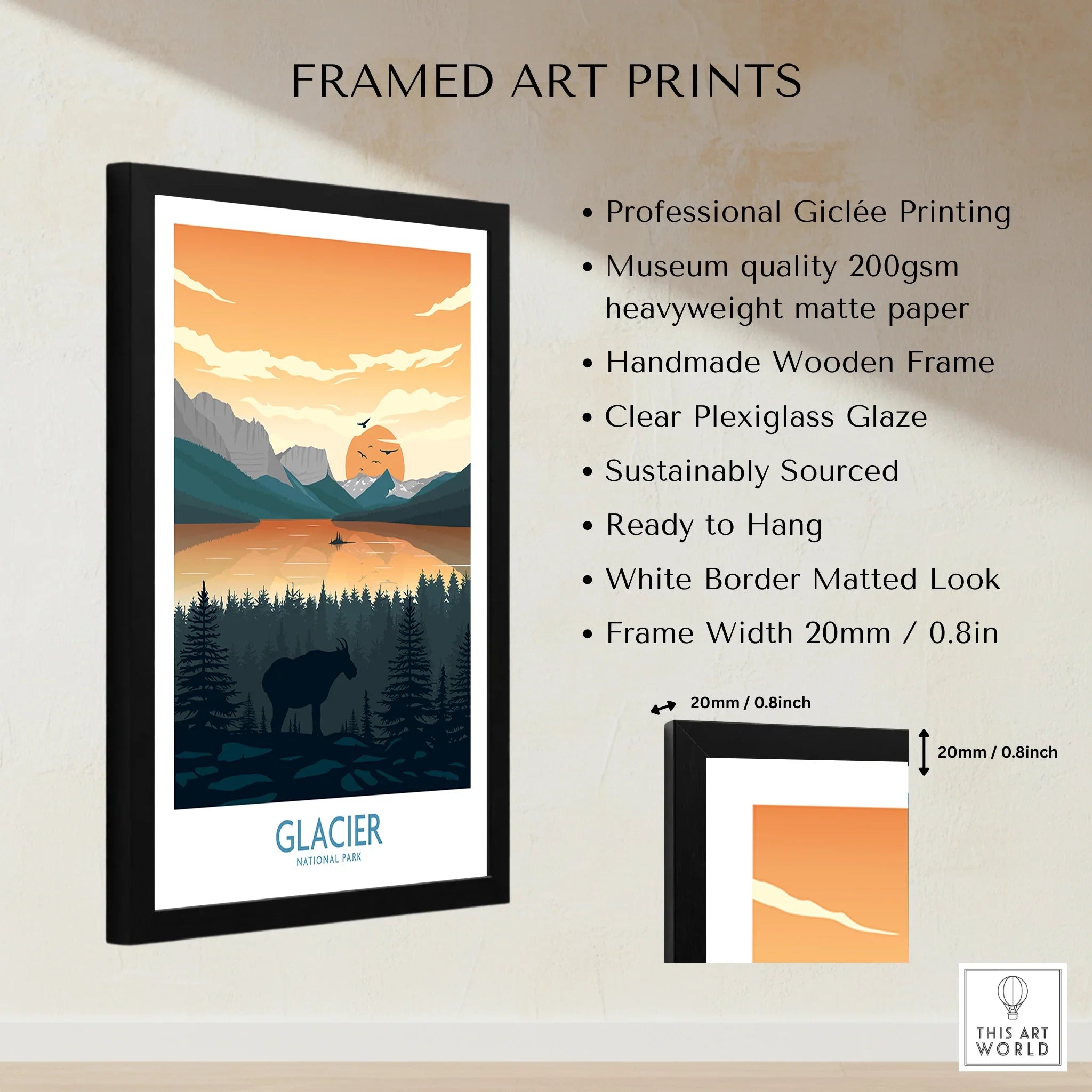 Framed Glacier National Park print with moose, mountains, lake, and sunset art details.