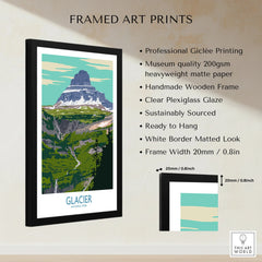 Framed Glacier National Park art print with mountain landscape and product details.
