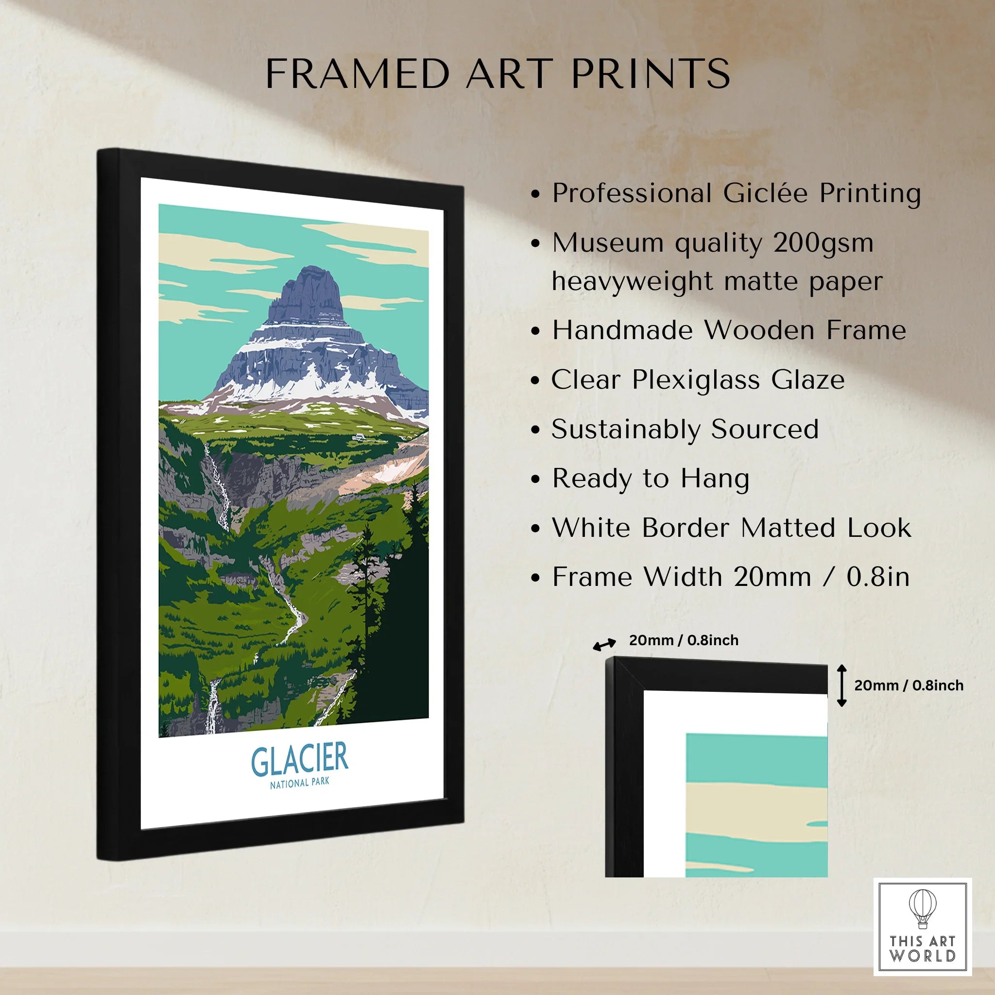 Framed Glacier National Park art print with mountain landscape and product details.