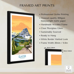 Framed Glacier National Park art print with mountain landscape, wooden frame, and product features