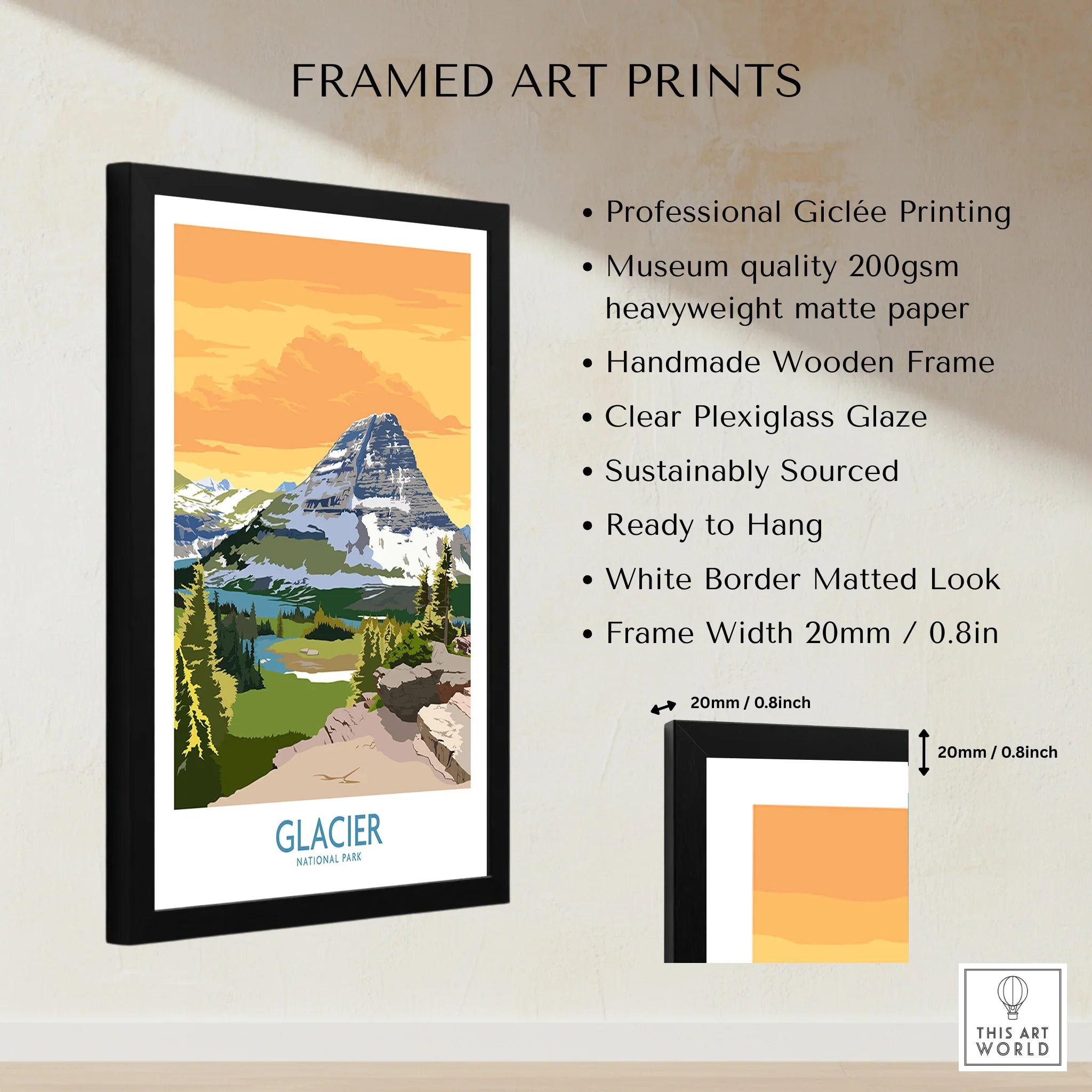 Framed Glacier National Park art print with mountain landscape, wooden frame, and product features