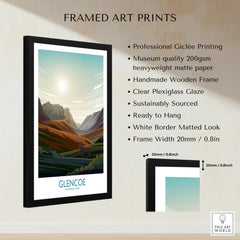 Framed Glencoe National Park art print with mountain landscape, wooden frame, and size details.