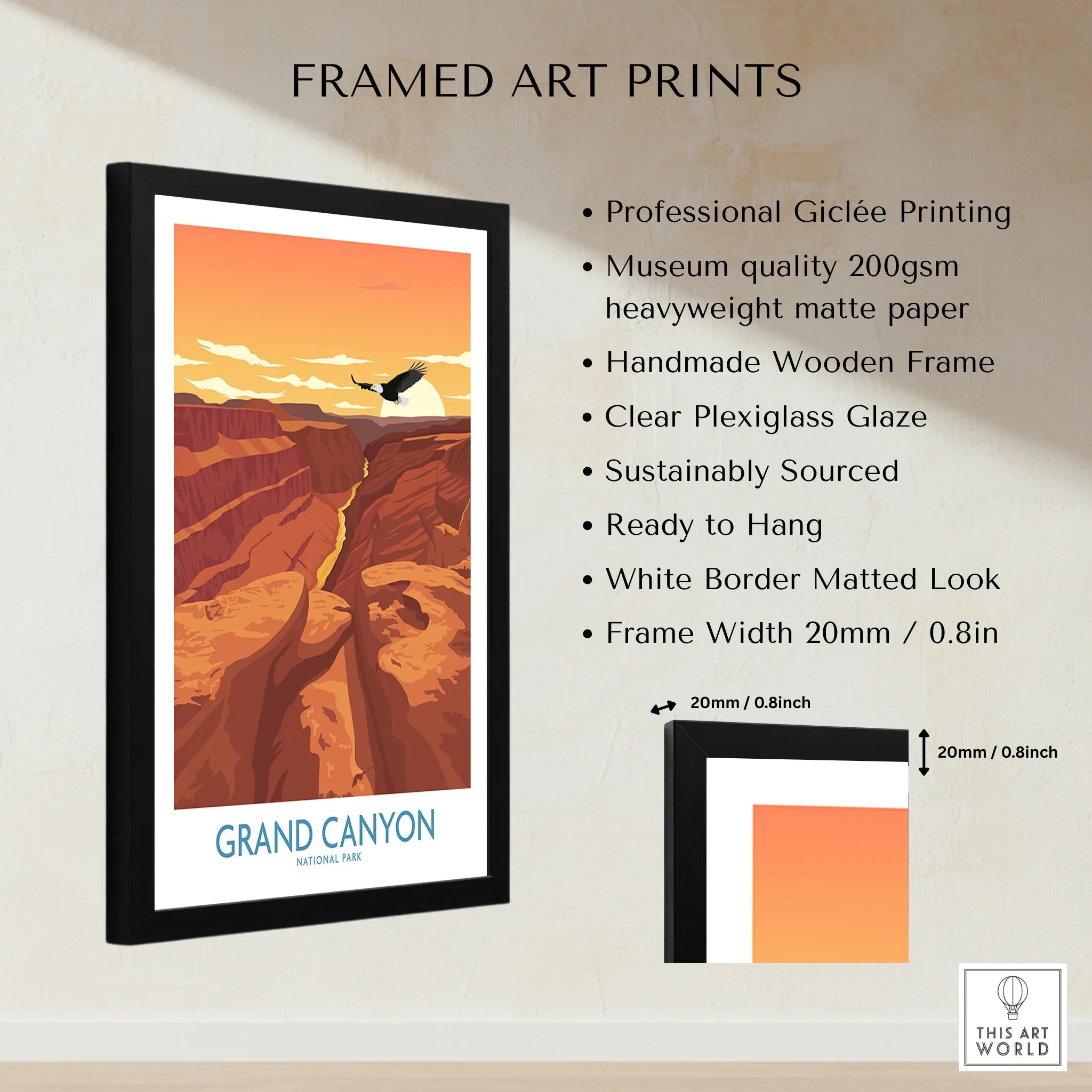 Framed Grand Canyon National Park art print with black frame, white border, and product details.