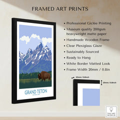 Framed Grand Teton National Park print with bison, mountains, and product quality details.