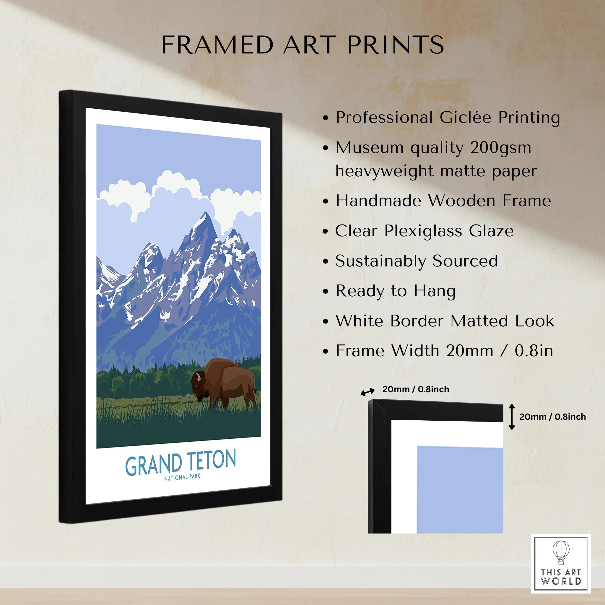 Framed Grand Teton National Park print with bison, mountains, and product quality details.