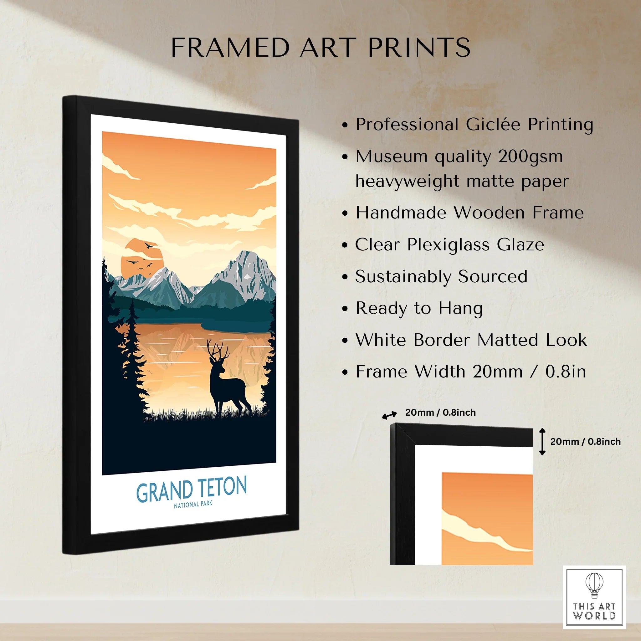 Framed Grand Teton National Park print with elk silhouette, mountain landscape art