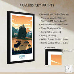 Framed Jasper National Park art print with moose, mountains, frame details and features listed