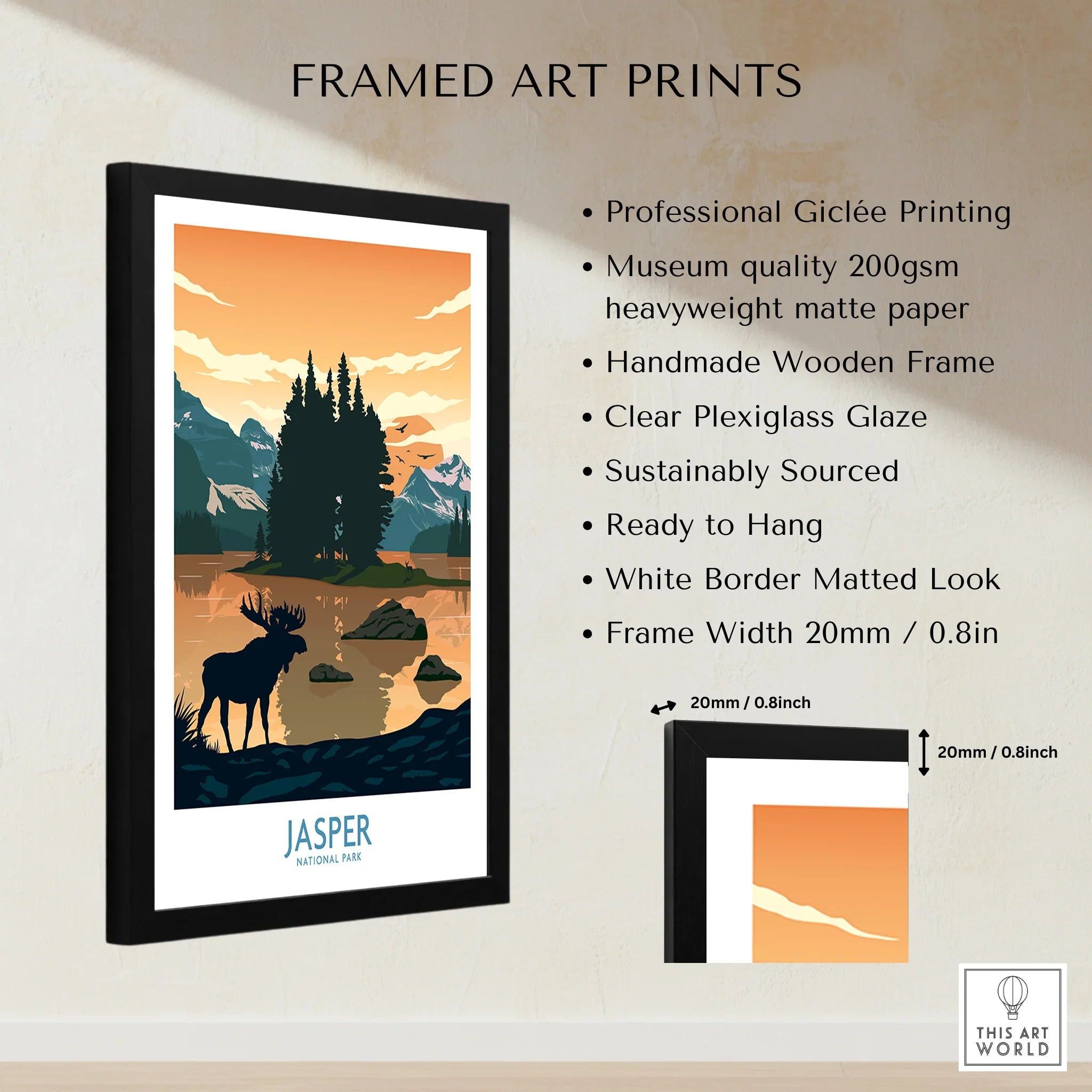 Framed Jasper National Park art print with moose, mountains, frame details and features listed