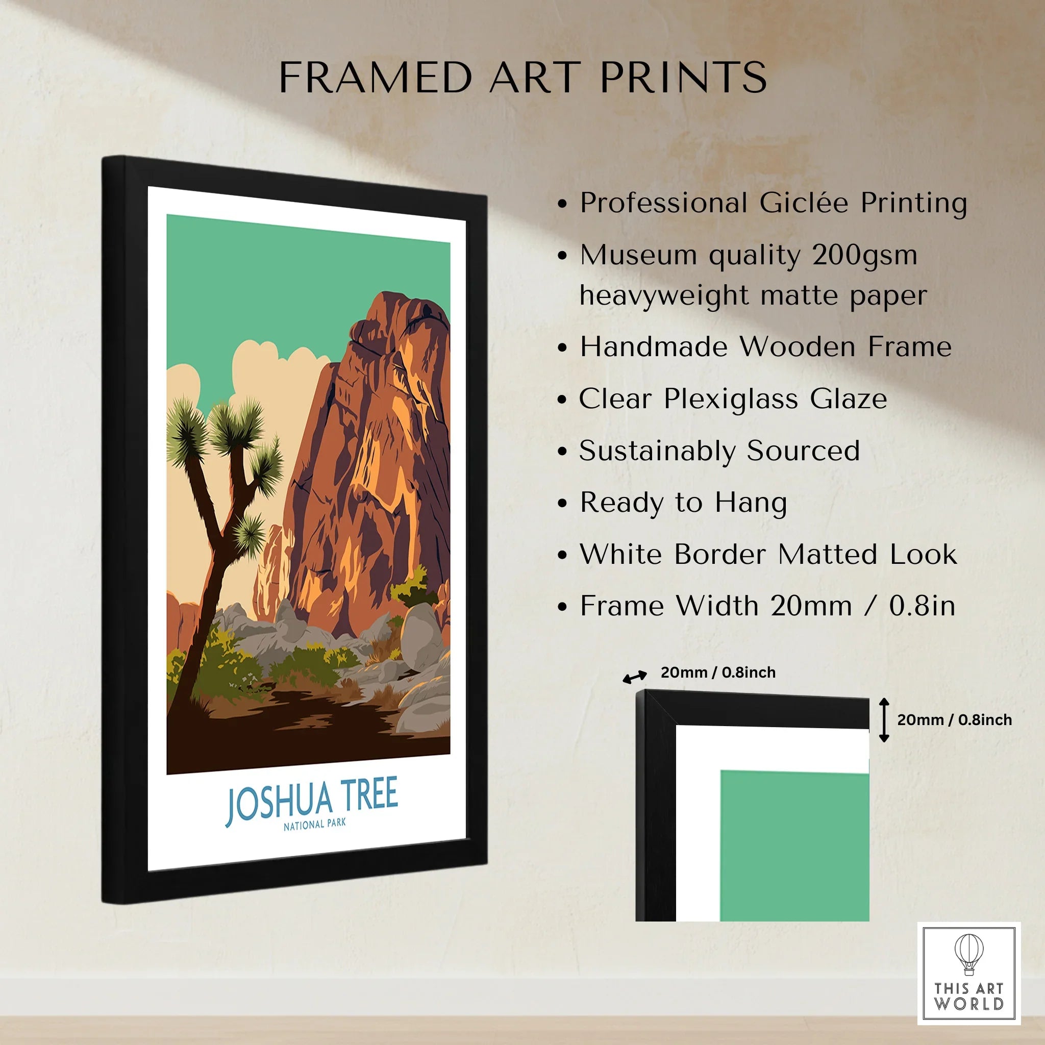 Framed Joshua Tree National Park print with wooden frame and art print product details listed.