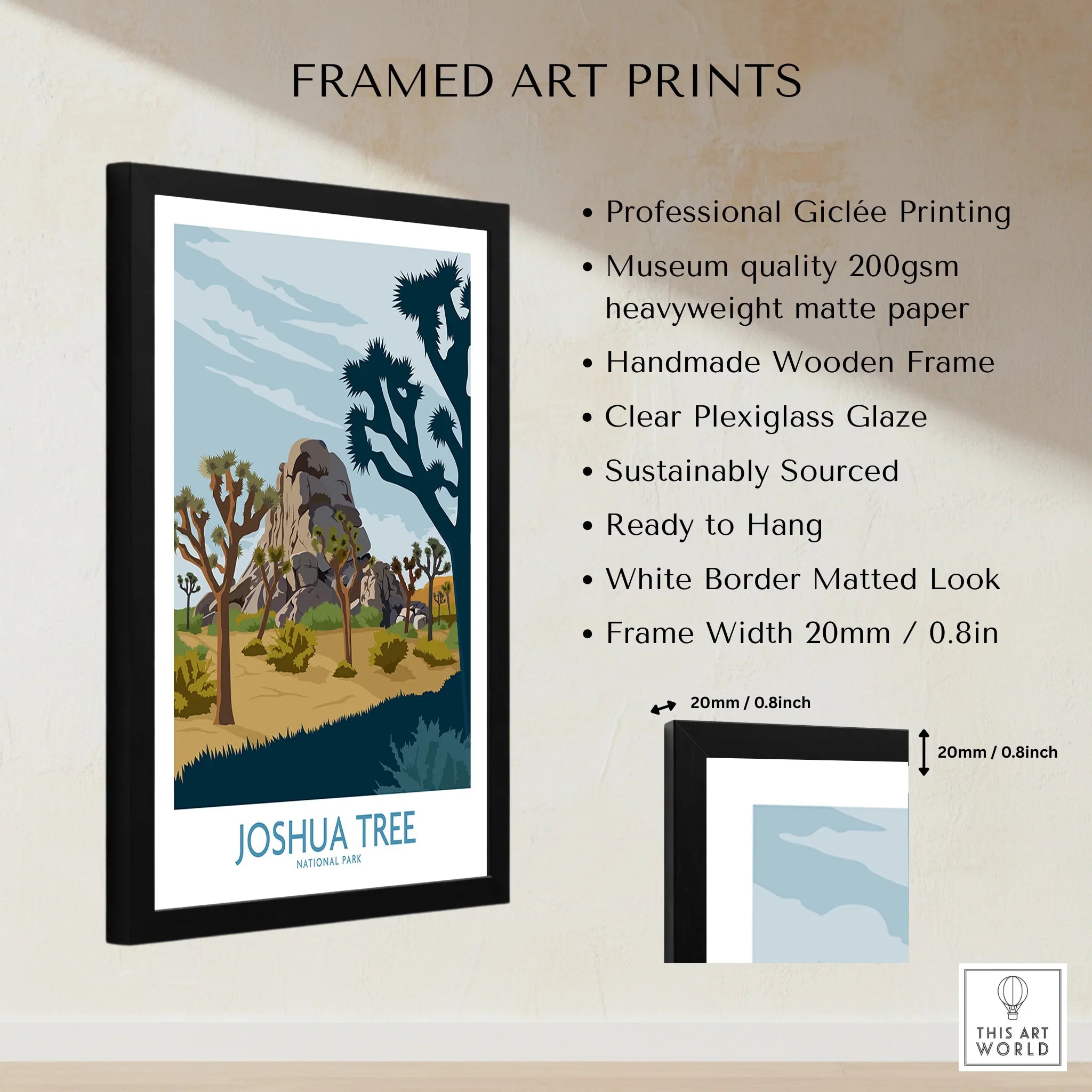Framed Joshua Tree National Park art print with desert landscape and product details