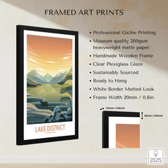 Framed Lake District National Park print with mountains, lake, wooden frame, and size details