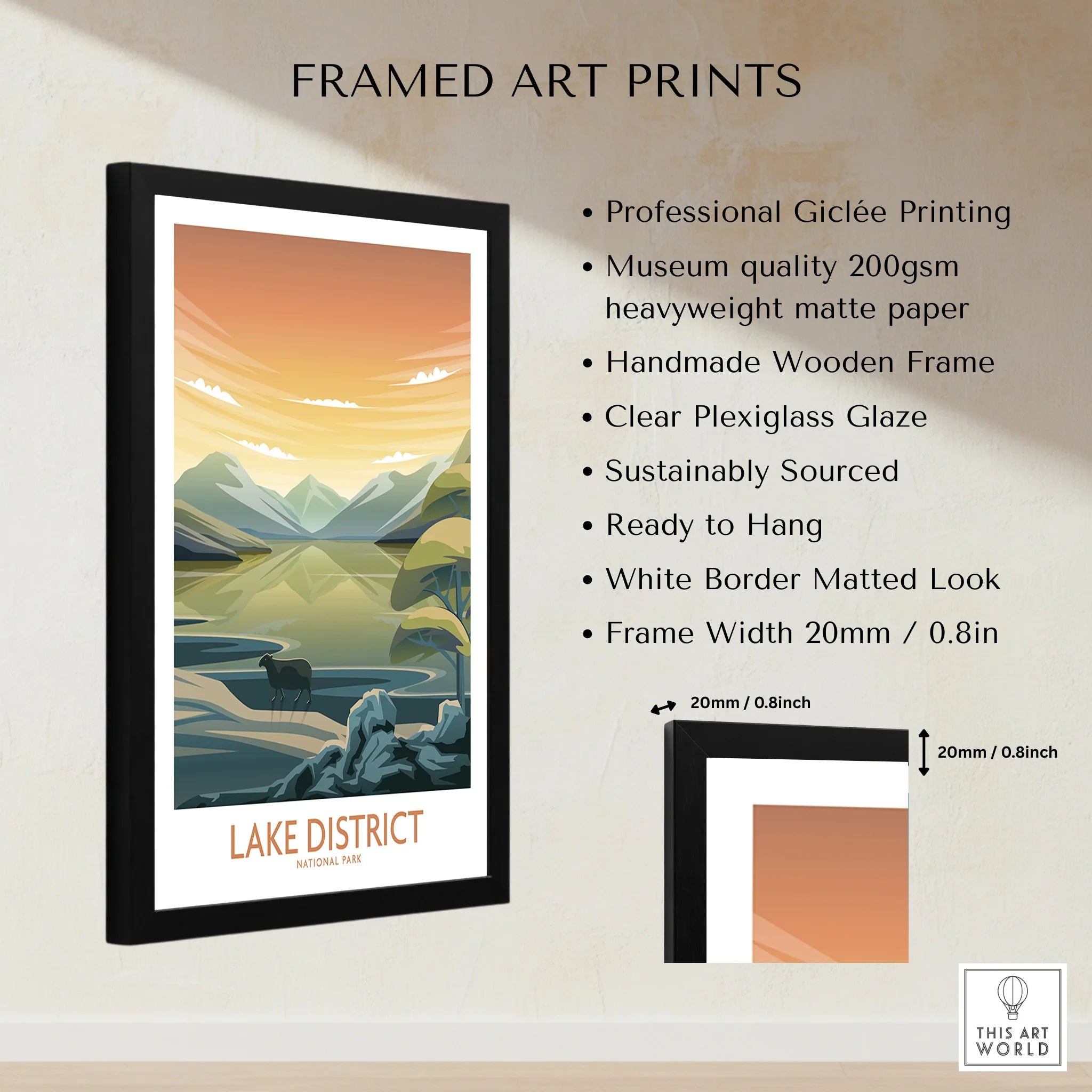 Framed Lake District National Park print with mountains, lake, wooden frame, and size details