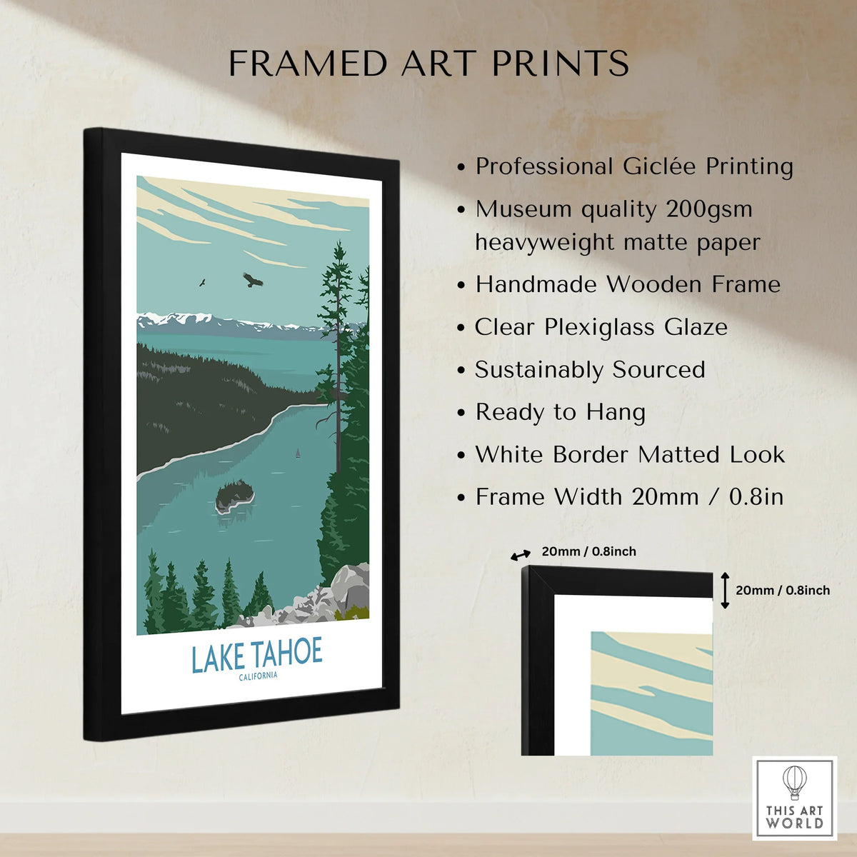 Framed Lake Tahoe travel poster print with pine trees, blue water, and snow-capped mountains.