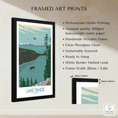 Framed Lake Tahoe travel poster print with pine trees, blue water, and snow-capped mountains.
