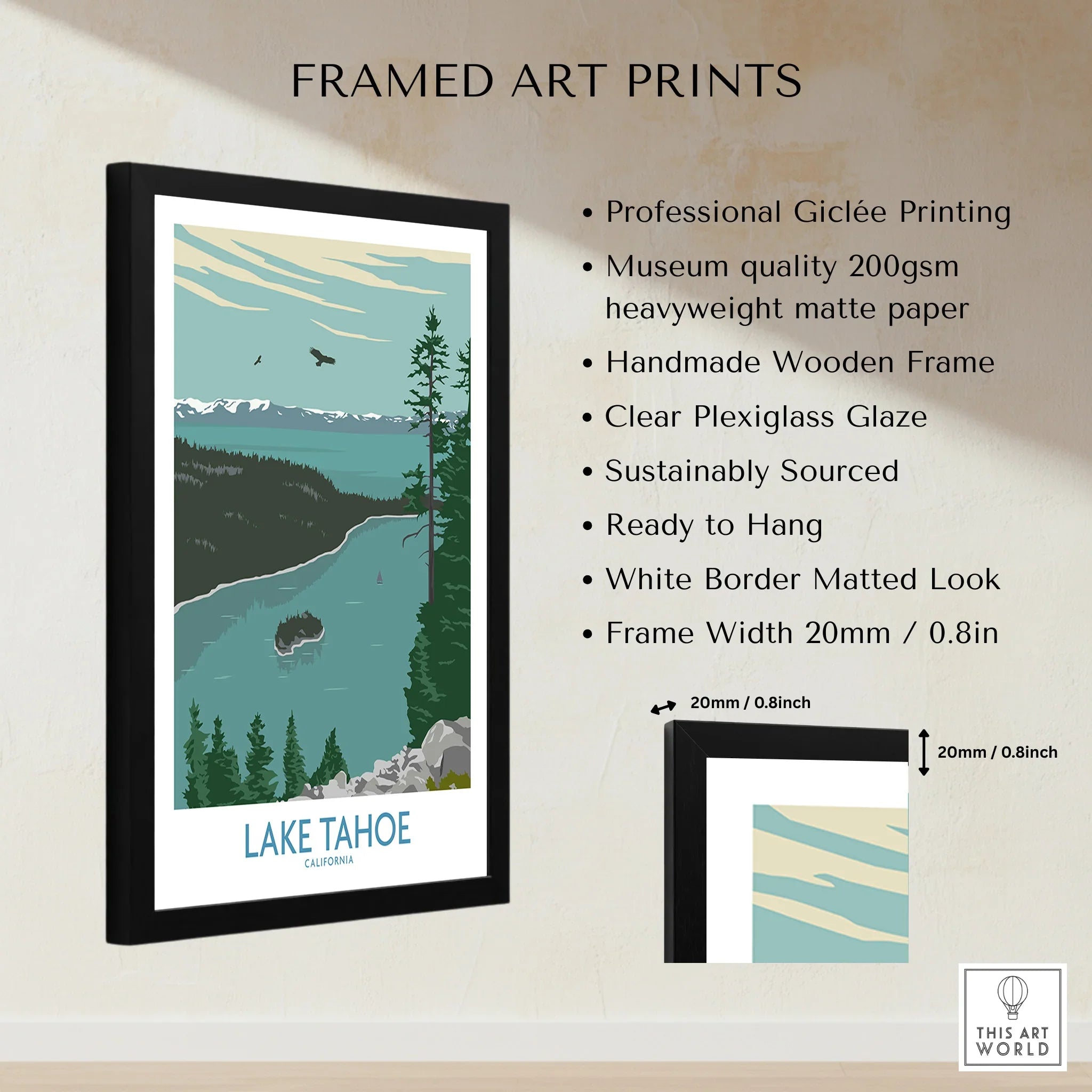 Framed Lake Tahoe travel poster print with pine trees, blue water, and snow-capped mountains.