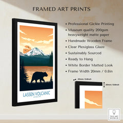 Framed Lassen Volcanic National Park art print with bear silhouette, mountain, and lake scene