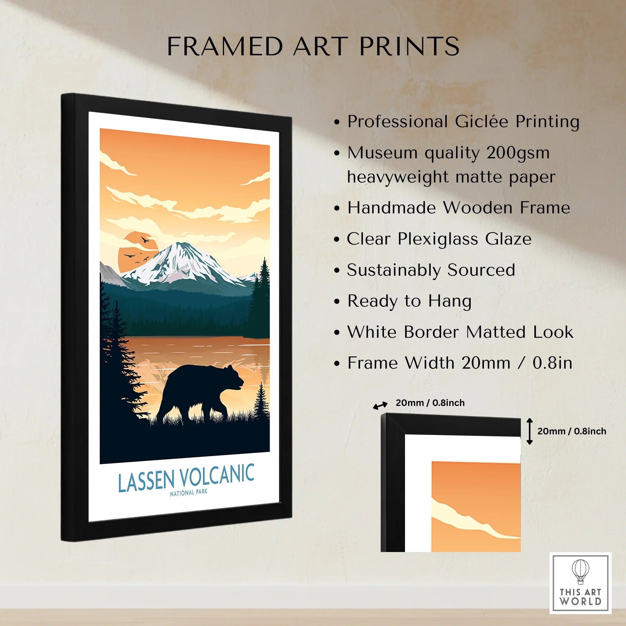Framed Lassen Volcanic National Park art print with bear silhouette, mountain, and lake scene