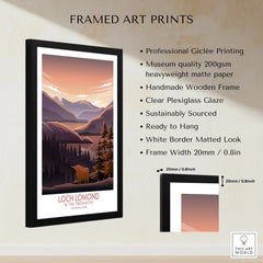 Framed Loch Lomond travel poster print with mountain view, black wooden frame, quality details