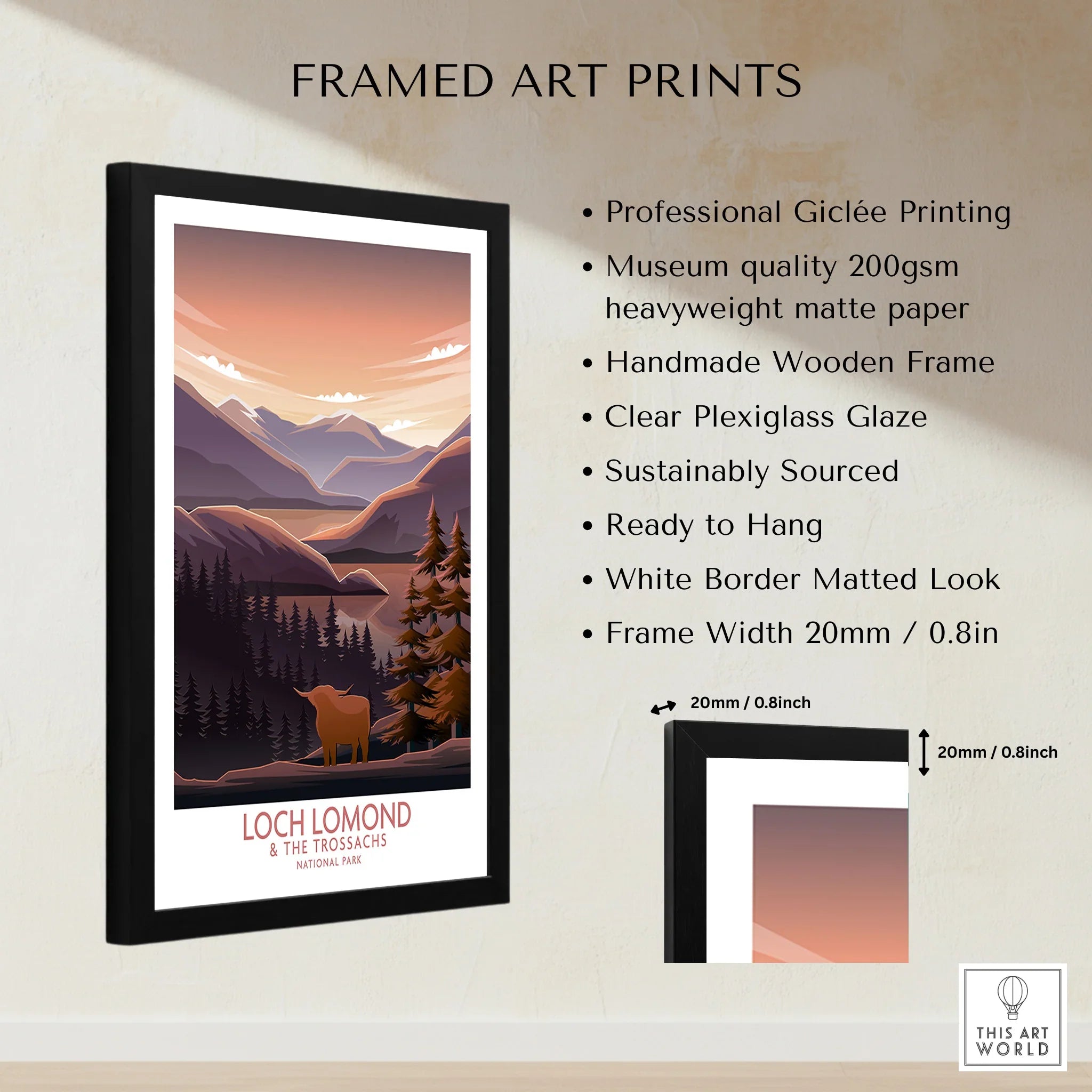 Framed Loch Lomond travel poster print with mountain view, black wooden frame, quality details