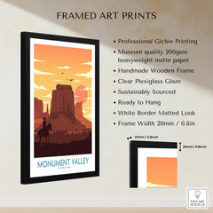 Framed Monument Valley National Park print with sunset, cowboy silhouette, and product details
