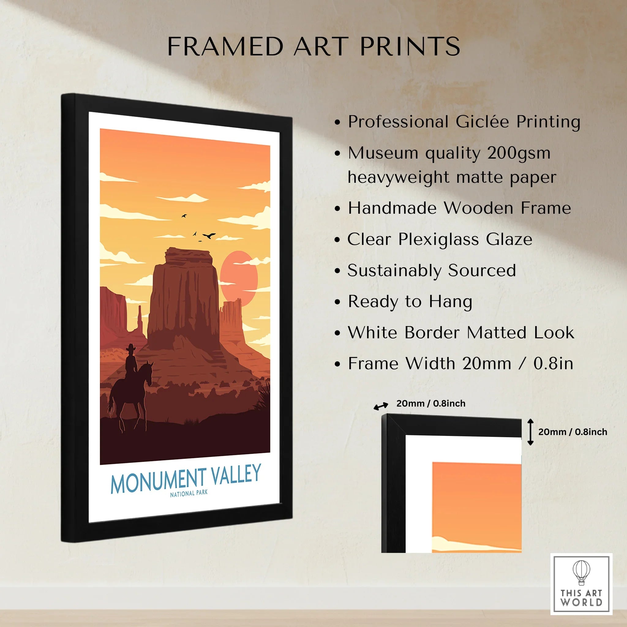 Framed Monument Valley National Park print with sunset, cowboy silhouette, and product details