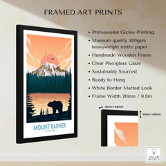 Framed Mount Rainier National Park art print with bear silhouette, sunset, forest, and feature list