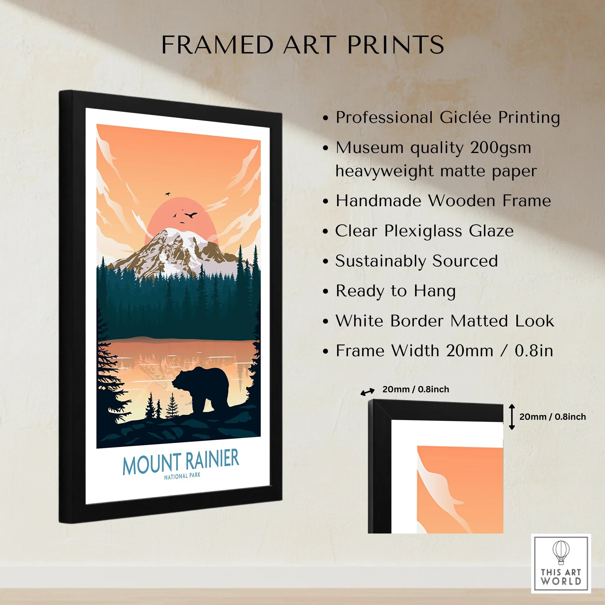 Framed Mount Rainier National Park art print with bear silhouette, sunset, forest, and feature list