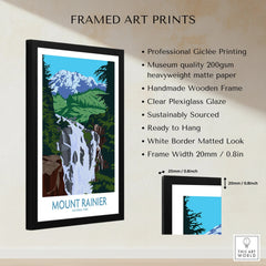 Framed Mount Rainier National Park art print with waterfall, snowy peak, and quality details list.