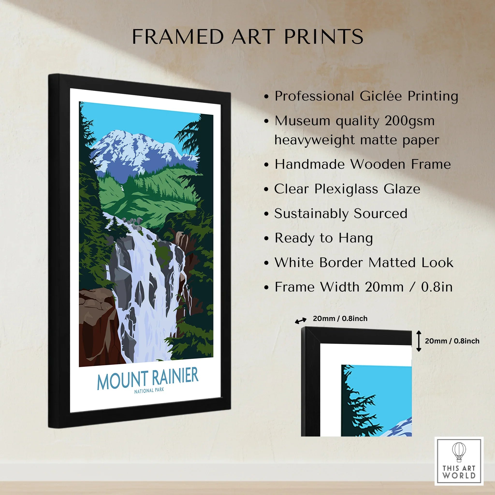 Framed Mount Rainier National Park art print with waterfall, snowy peak, and quality details list.