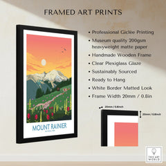 Framed Mount Rainier National Park art print with sunset, wildflowers, black wooden frame, product details.