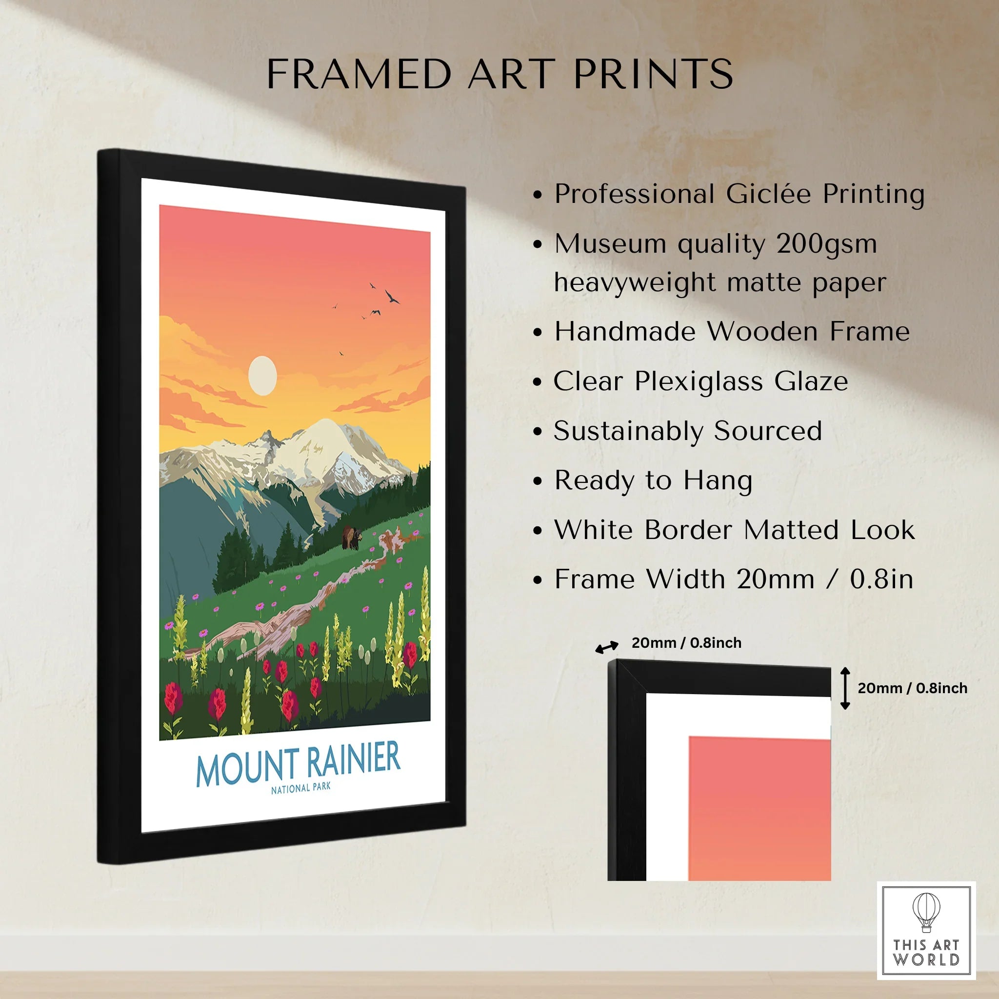 Framed Mount Rainier National Park art print with sunset, wildflowers, black wooden frame, product details.