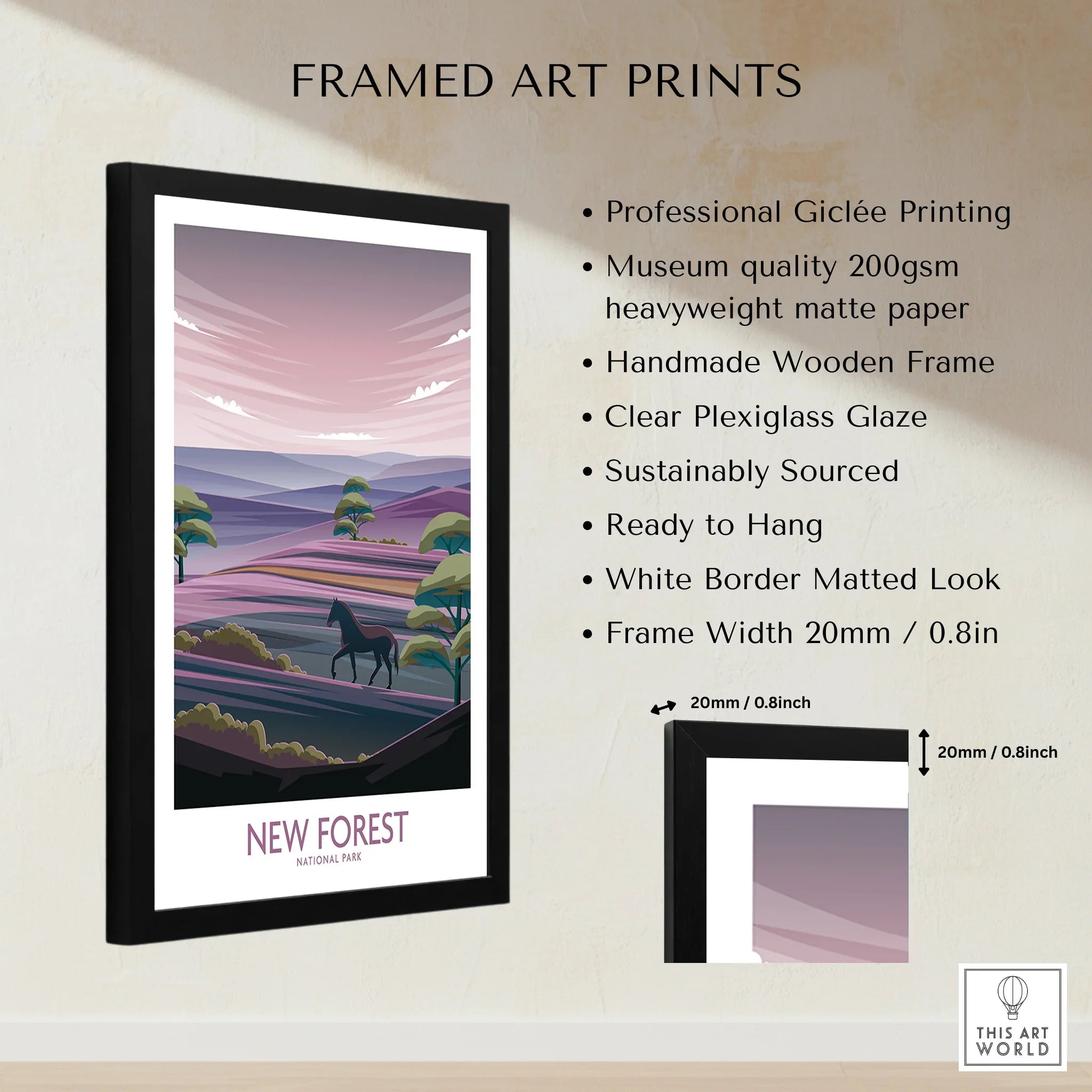 Framed New Forest National Park art print with horse, listed print quality and frame details.