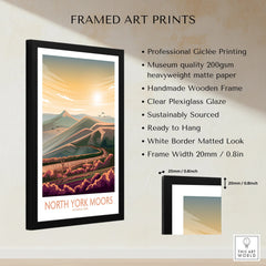 Framed North York Moors art print with landscape illustration and product quality details.