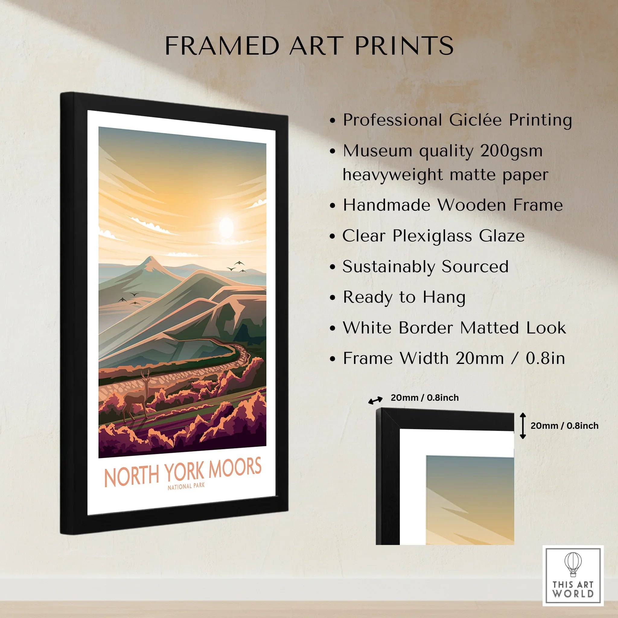 Framed North York Moors art print with landscape illustration and product quality details.