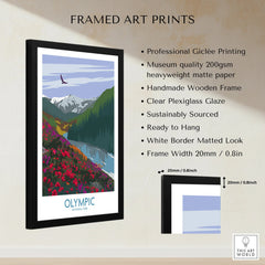 Framed Olympic National Park art print with black wooden frame and colorful landscape illustration.