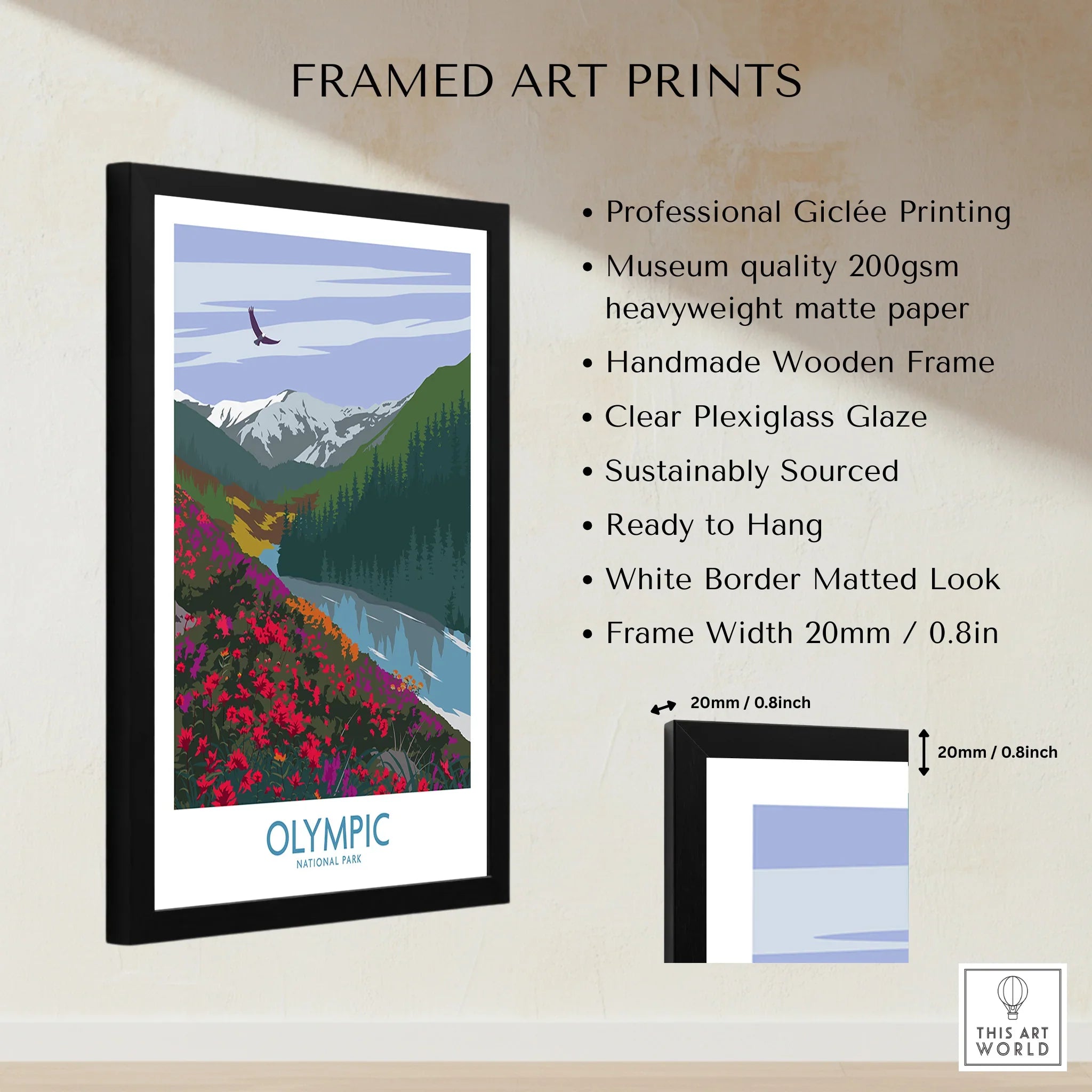 Framed Olympic National Park art print with black wooden frame and colorful landscape illustration.
