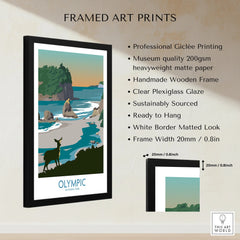 Framed Olympic National Park art print with deer, coastal landscape, and product details