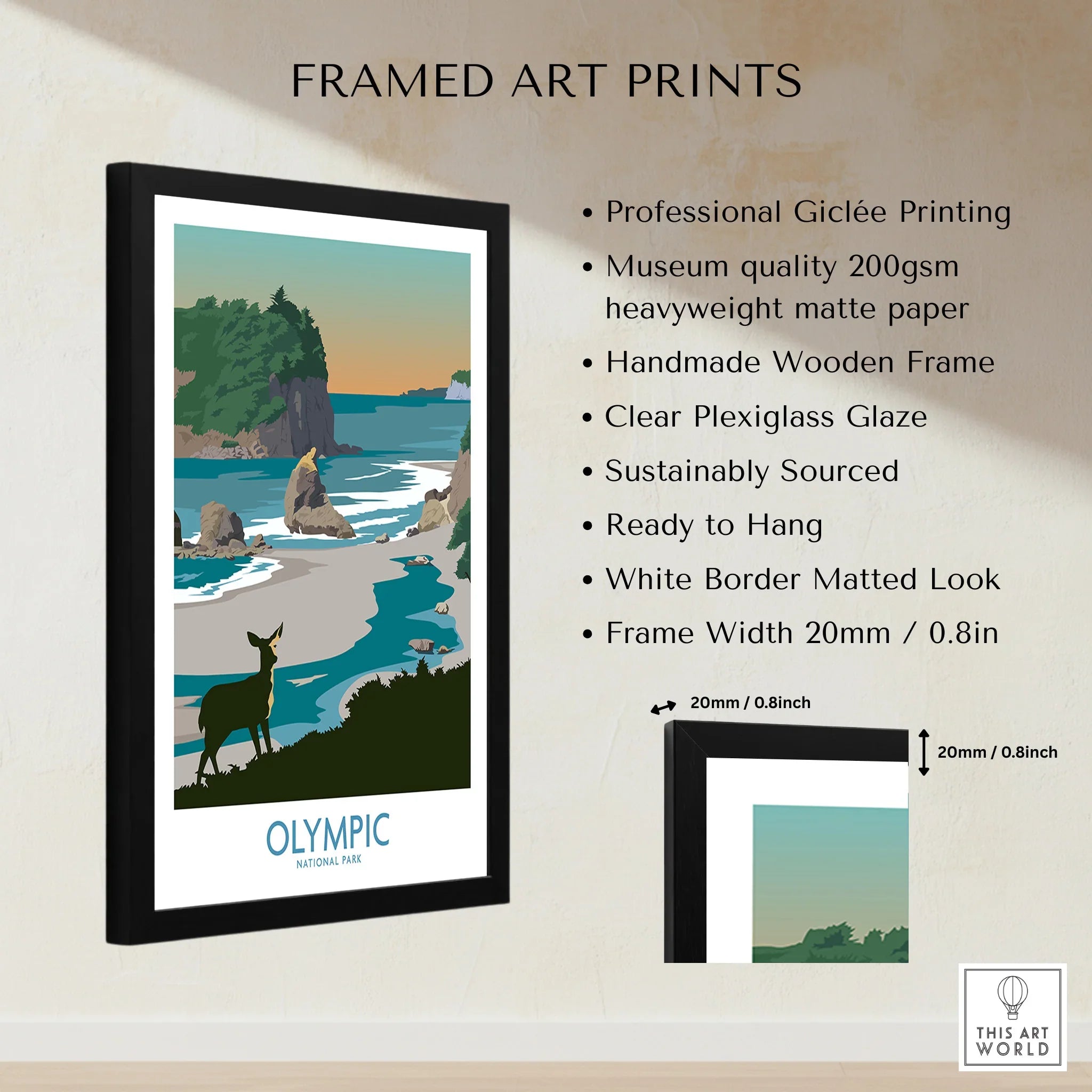 Framed Olympic National Park art print with deer, coastal landscape, and product details