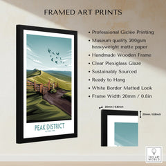 Framed Peak District National Park art print with landscape illustration and product details
