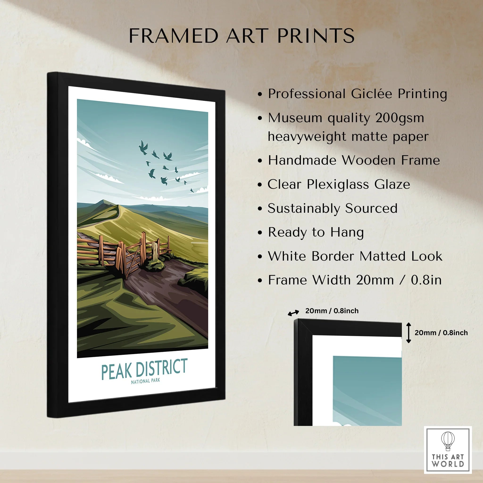 Framed Peak District National Park art print with landscape illustration and product details