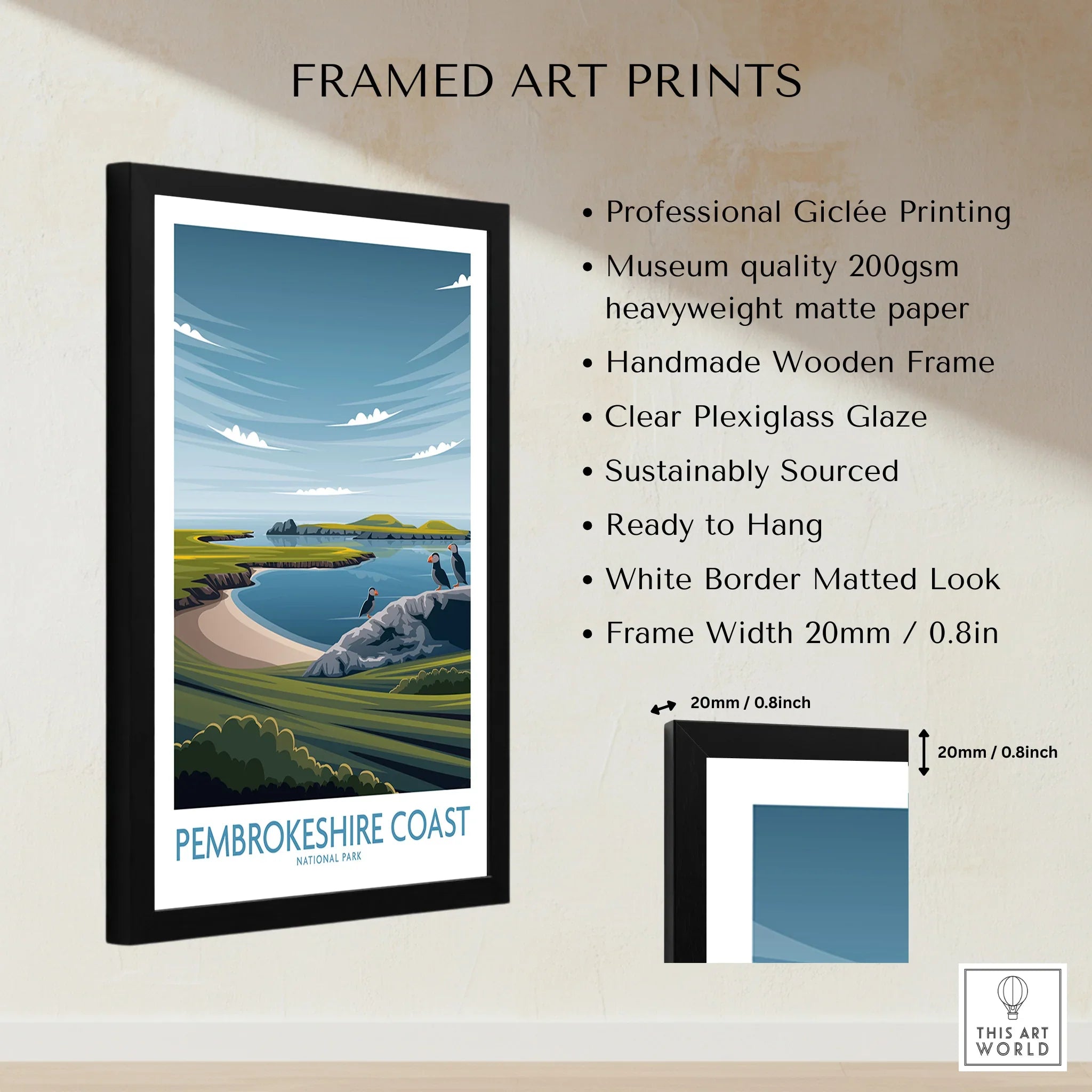 Framed Pembrokeshire Coast art print with landscape illustration and product details
