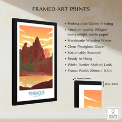 Framed Pinnacles National Park print with sunset landscape, quality details, and frame measurements