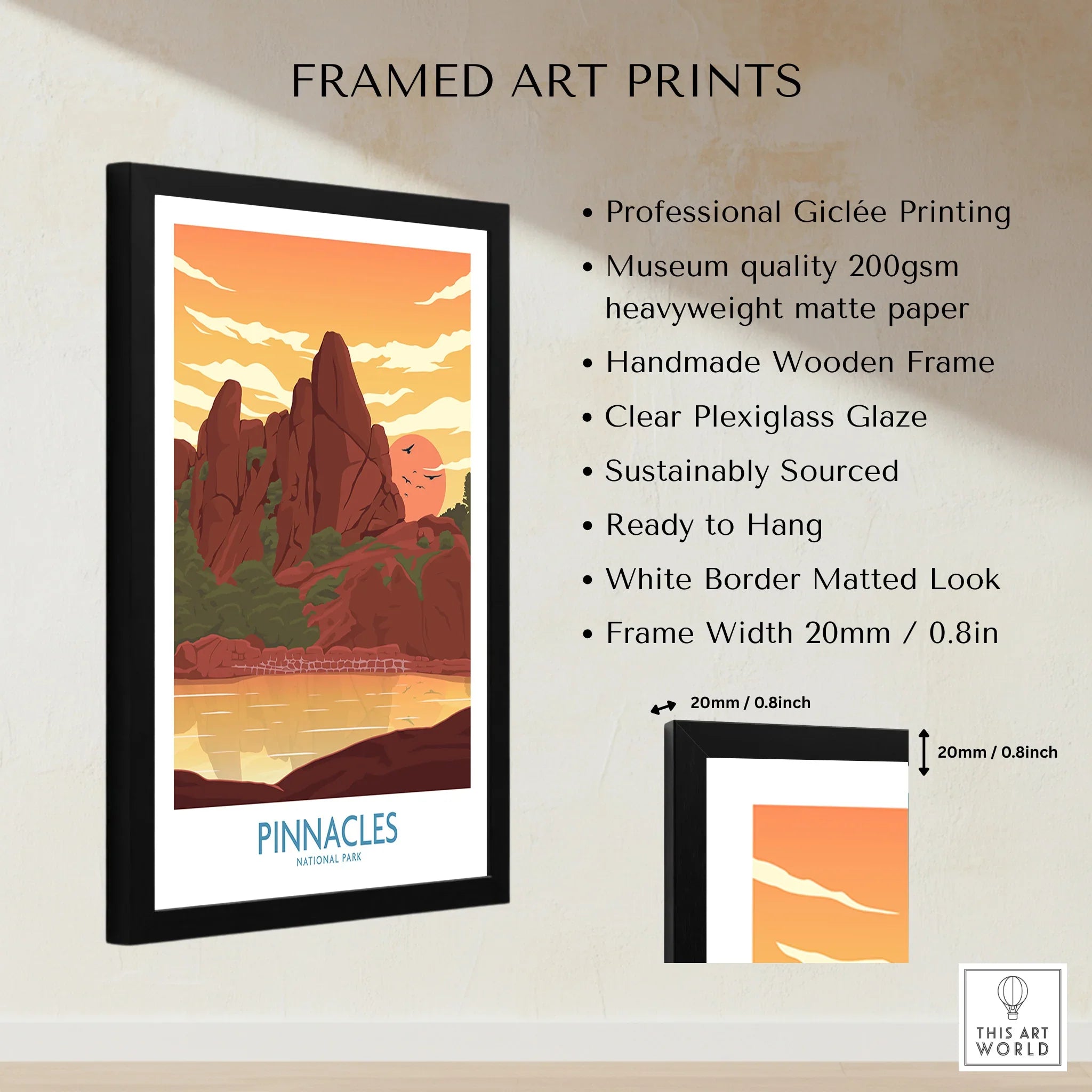 Framed Pinnacles National Park print with sunset landscape, quality details, and frame measurements