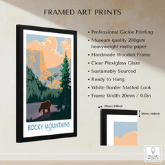 Rocky Mountains Canada framed art print featuring a bear, pine trees, and mountain landscape.