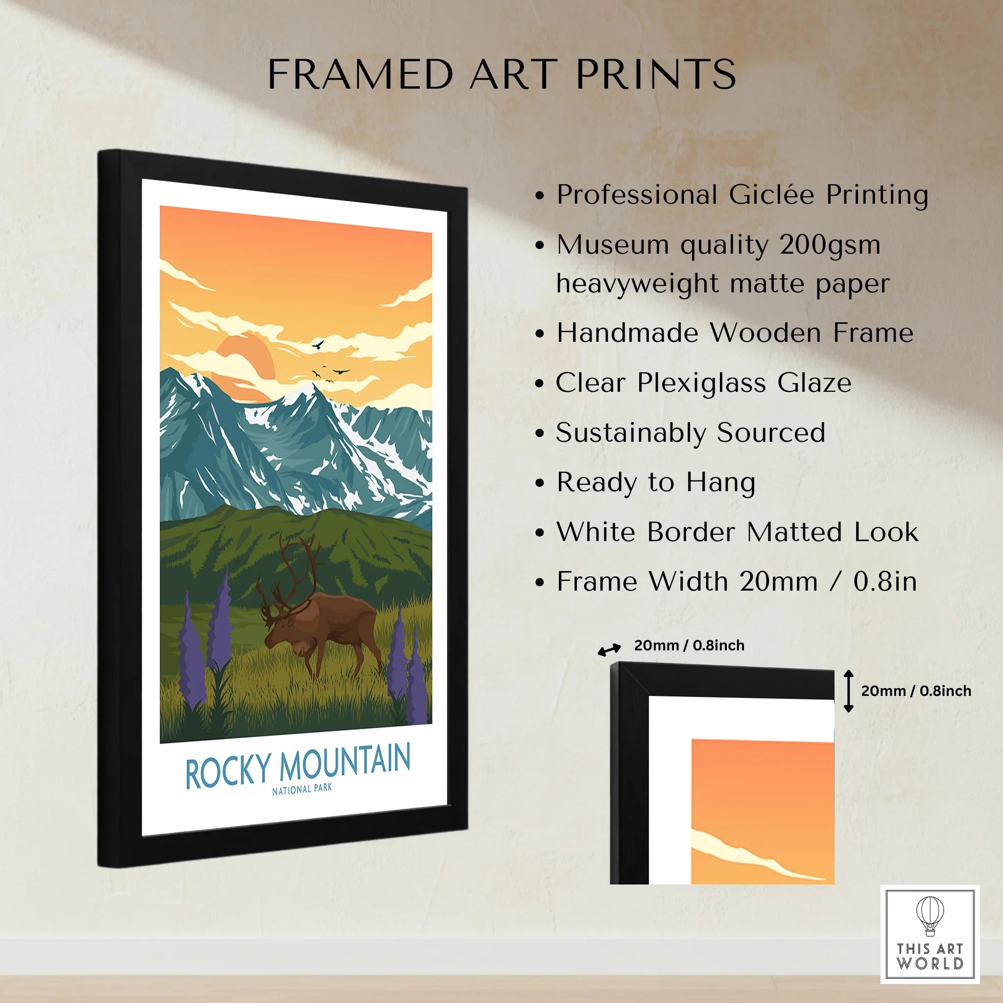 Framed Rocky Mountain National Park art print with elk, mountains, and orange sky, showing premium frame and print details.